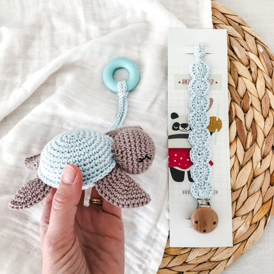 Set tartaruga con sonaglio e anello dentizione + portaciuccio Blue