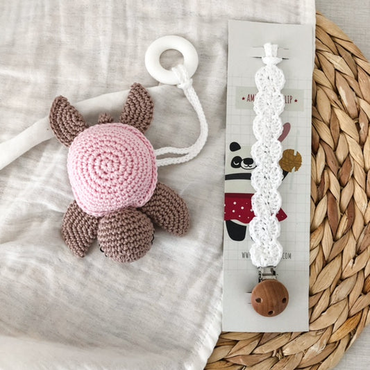 Set tartaruga con sonaglio e anello dentizione + portaciuccio Pink&White