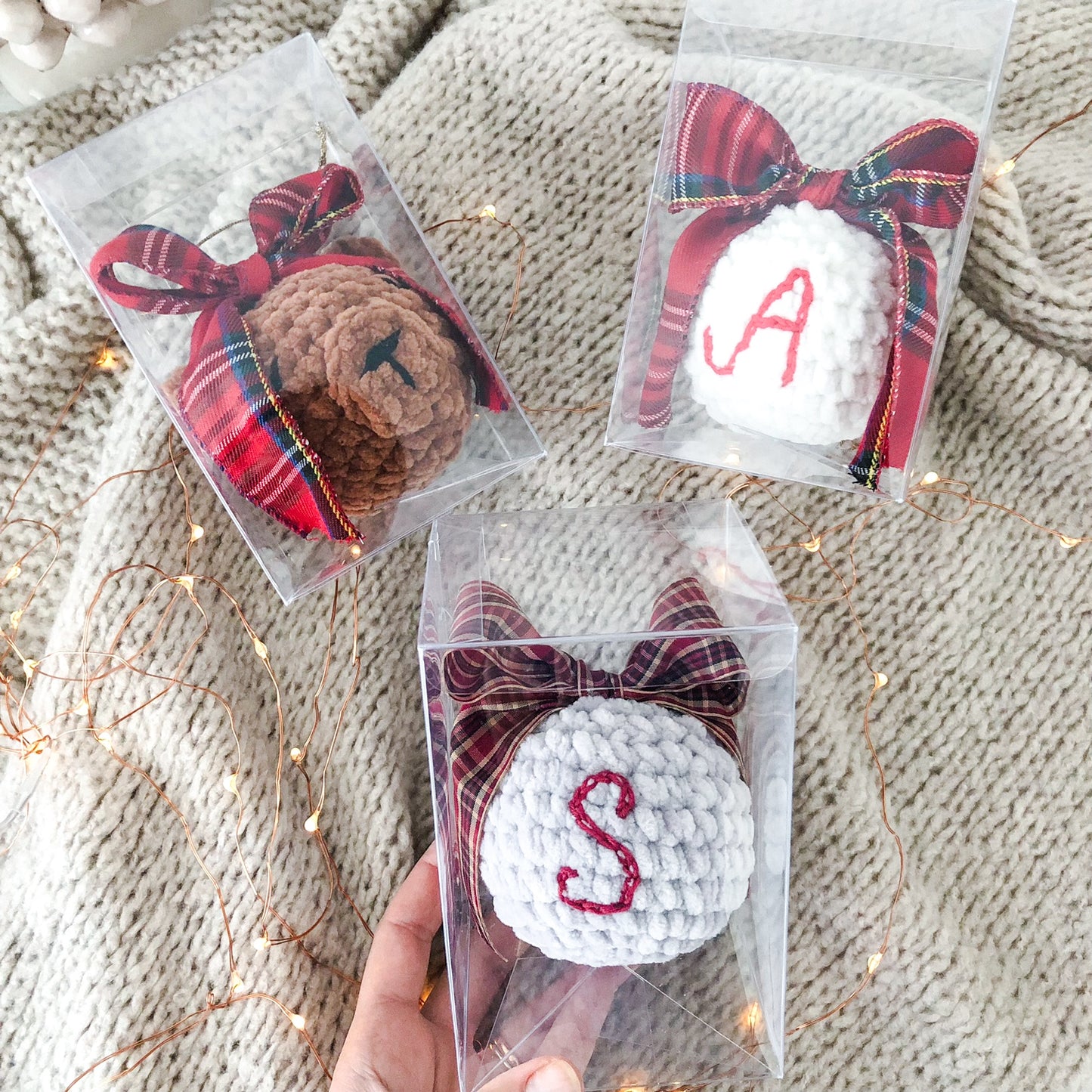 Set 3 Christmas Ball - Bear - White - Grey