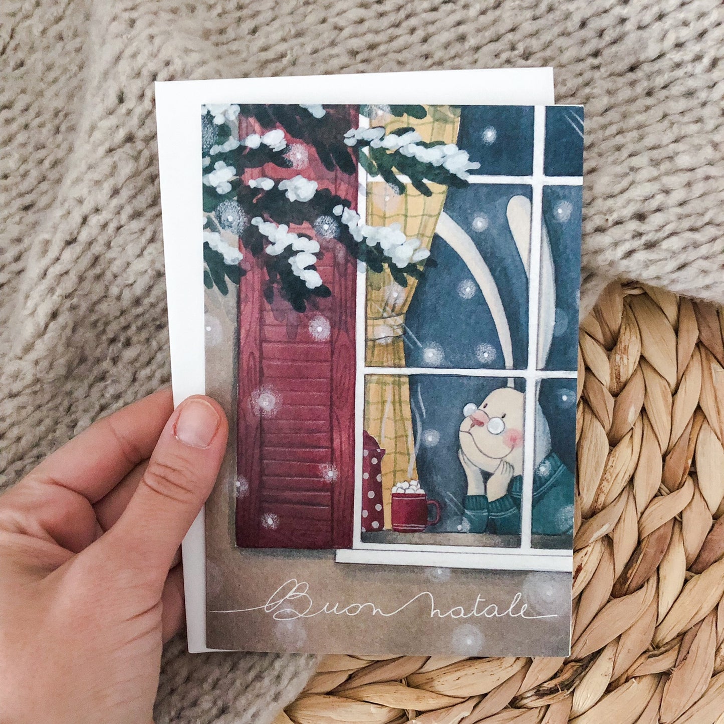 Biglietto Natalizio Illustrato Coniglio