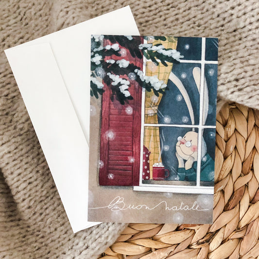 Biglietto Natalizio Illustrato Coniglio