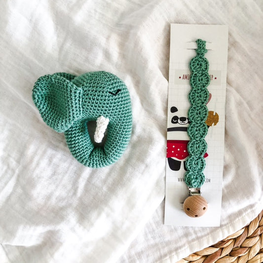 Set Elefante con sonaglio + portaciuccio Green Organic