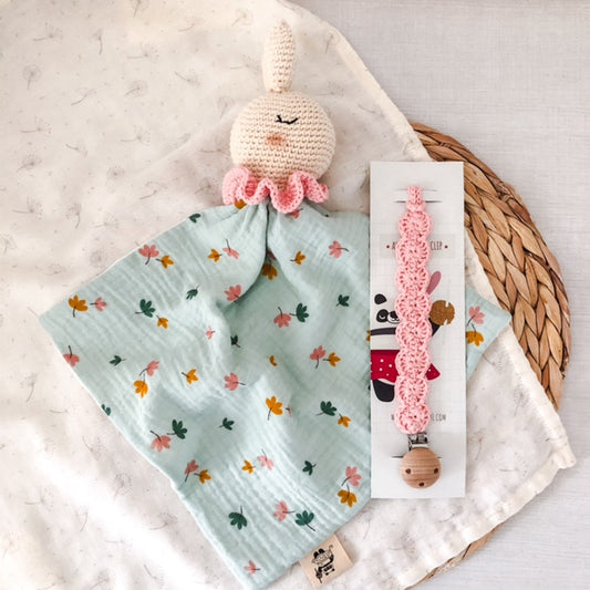 Set Doudou Olly Foglie Rosa + portaciuccio