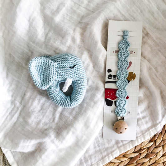 Set Elefante con sonaglio + portaciuccio Light Blue