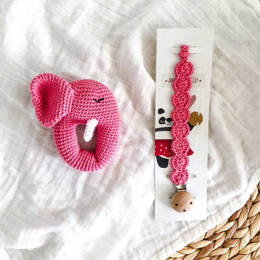 Set Elefante con sonaglio + portaciuccio Fuxia