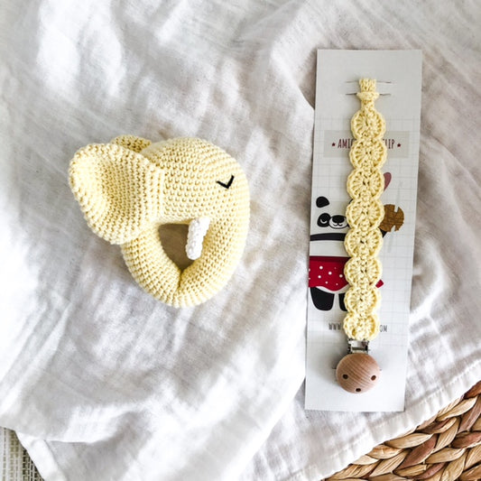 Set Elefante con sonaglio + portaciuccio Yellow Organic